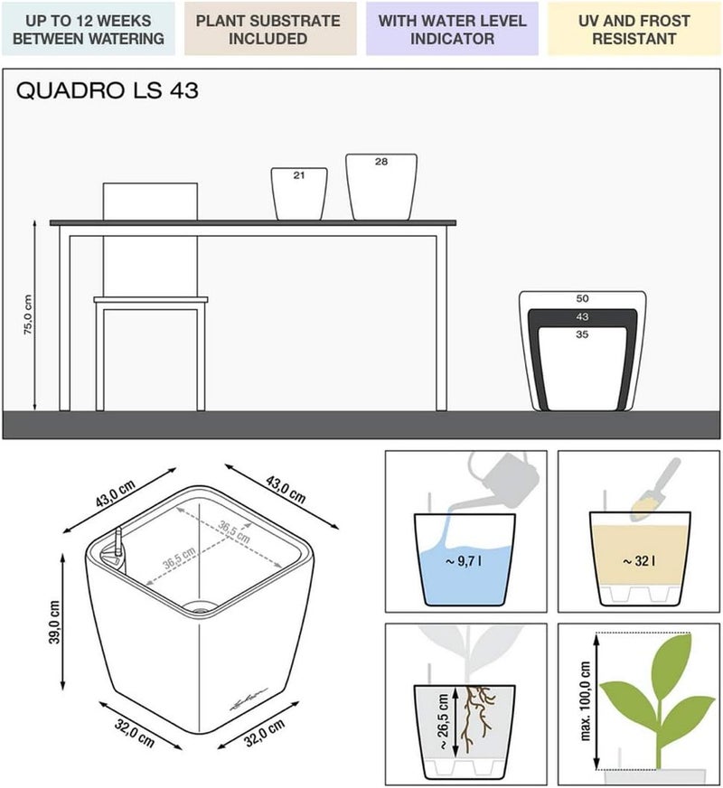 Lechuza Self Watering Plant Pot QUADRO LS 43 Garden Flower Indoor Outdoor Floor Plastic Planter with Drainage Hole H40 L43 W43 cm Scarlet Red High-Gloss - Image 2