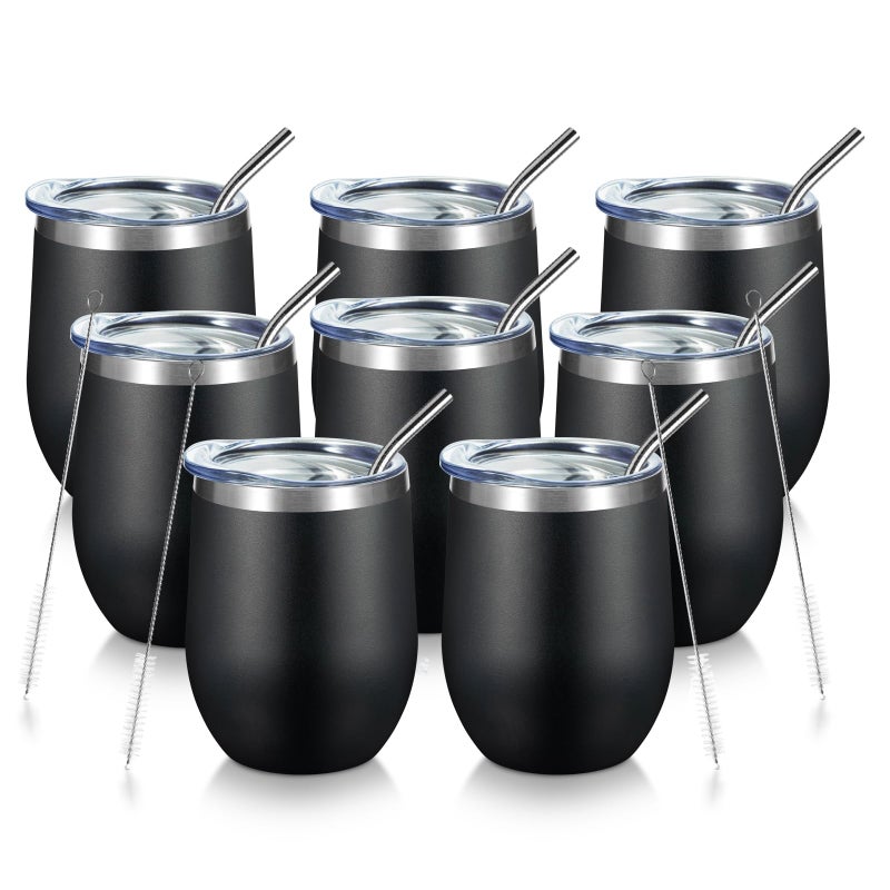 COMOOO 12oz Stainless Steel Drinking Cup  Bulk with Lid and Straw Double Wall Vacuum Insulated for Hot and Cold Drinks Coffee Cocktails Black 8 Pack