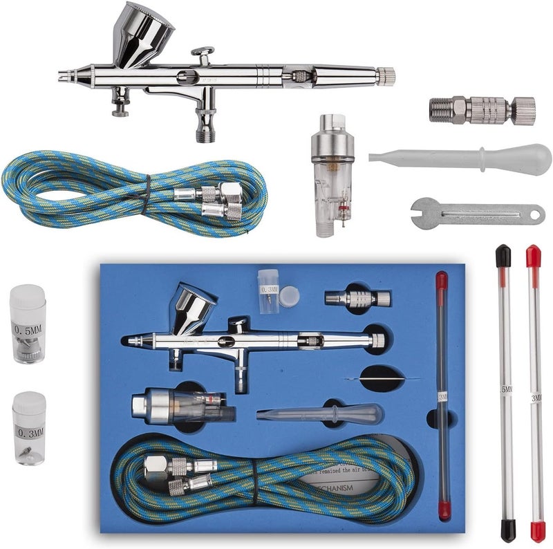Pinkiou Airbrush Kit with Different Nozzle and Needles Muti-Purpose Dual Action Airbrush Sets with Air Brush 0.2 0.3 &0.5mm Needles and Air Hose for Hobby Model Painting Tattoo Cake Nail Art - Image 1