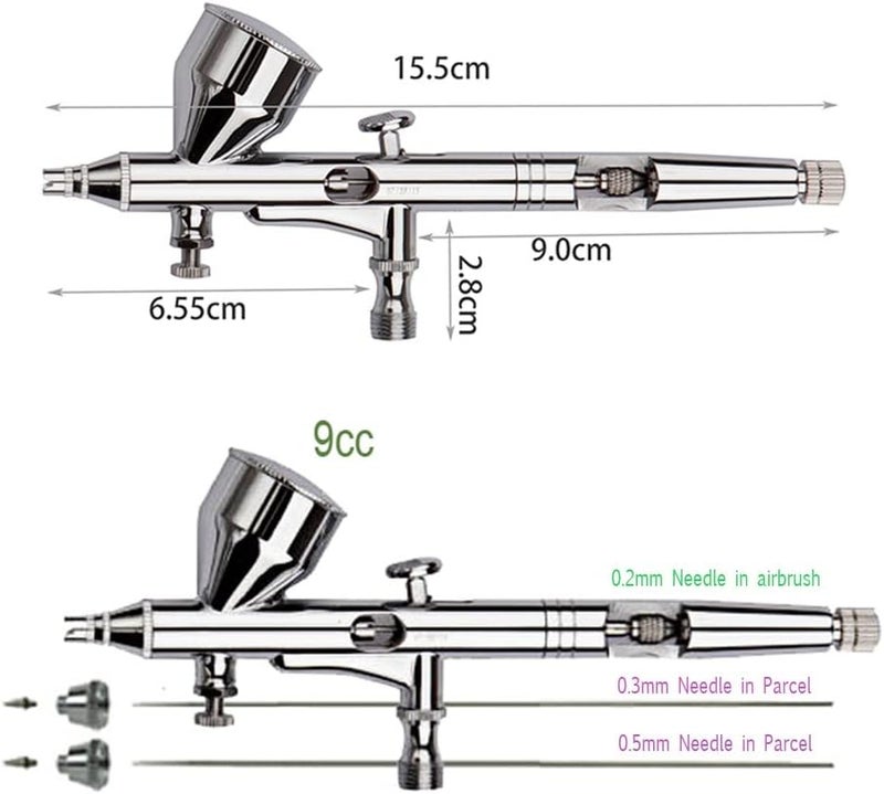 Pinkiou Airbrush Kit with Different Nozzle and Needles Muti-Purpose Dual Action Airbrush Sets with Air Brush 0.2 0.3 &0.5mm Needles and Air Hose for Hobby Model Painting Tattoo Cake Nail Art - Image 3