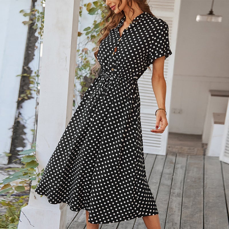 Independent Research and Design of European Station Wave Point dress 2024 Xia Xin Pinsen Womens Joker Shirt Collar Skirt Dark green - Image 2
