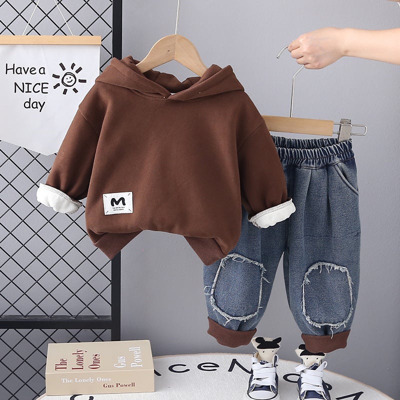 Boys autumn and winter suit fleece-lined 2024 new baby baby warm sweater foreign style clothes two-piece fashion Brown fleece-lined M Label Hat Duct Shirt Two-piece Set