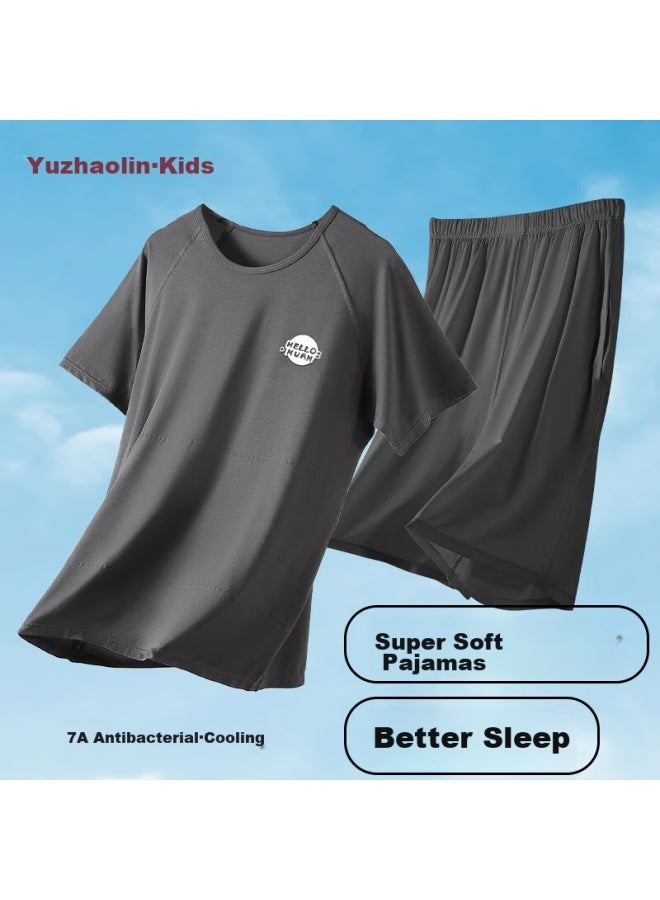 Yuzhaolin Children's Pajamas, Summer Thin Style, Boys' Lyocell Home Wear Set, Big Kids Short-sleeve Shorts, Girls' Air Conditioning Clothes - Image 1