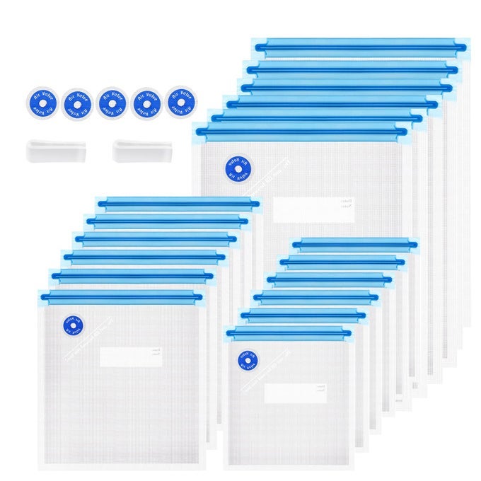 SOUS VIDE BAGS 25PCS REUSABLE BPA FREE VACUUM SEALER BAGS VACUUM FOOD STORAGE BAG FOR COOKINGFOOD STORAGEMICROWAVE HEATING 3 SIZE 18PCS VACUUM ZIPPER BAG 5 AIR VALVES 2 SEAL CLIPS