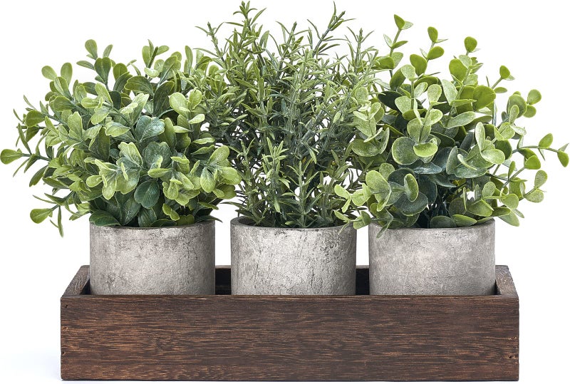 Dahey 3 Pack Mini Potted Artificial Eucalyptus Fake Plants with Wood Tray Centerpiece Table Decorations Farmhouse Pulp Flower Pots Greenery Home Decor for Coffee Table Dining Room Office Kitchen