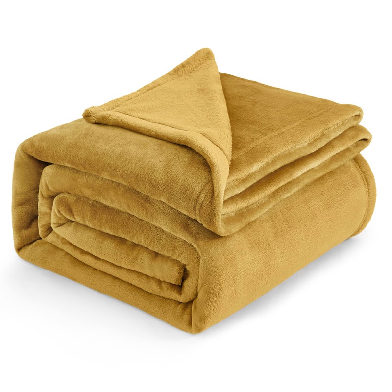بطانية فليس بحجم كينج من Bedsure باللون الذهبي والأصفر بطانية سرير ناعمة وخفيفة الوزن وفخمة ودافئة من الألياف الدقيقة 108x90 بوصة