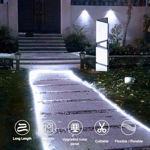 echosari Solar Powered Strip Lights Outdoor Waterproof, 16.4Ft 320 LED Strip Lights with Remote Timer 8 Modes Full Covered Strip Rope Lights for Stair Patio Walkway Decor (Cool White) - Image 2