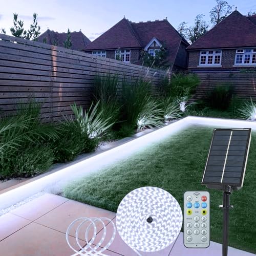 echosari Solar Powered Strip Lights Outdoor Waterproof, 16.4Ft 320 LED Strip Lights with Remote Timer 8 Modes Full Covered Strip Rope Lights for Stair Patio Walkway Decor (Cool White) - Image 1