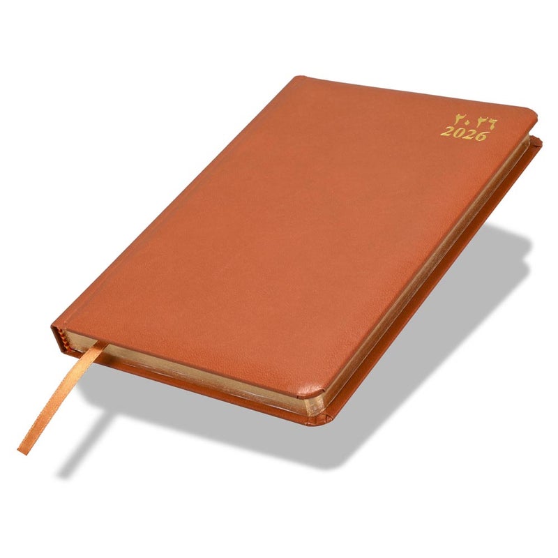 FIS مفكرة FIS 2026 الذهبية A5، 148x210 مم، غلاف فينيل مبطن من جهة واحدة، زوايا مدورة، حواف مطلية بالذهب، تنسيق يوم في صفحة، عربي/إنجليزي، ورق أبيض 60 جرام، غلاف بني - FSDI23AEG26BR - Image 1