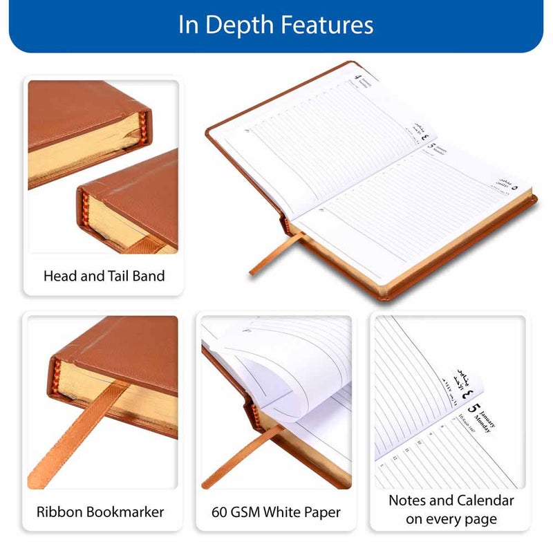 FIS مفكرة FIS 2026 الذهبية A5، 148x210 مم، غلاف فينيل مبطن من جهة واحدة، زوايا مدورة، حواف مطلية بالذهب، تنسيق يوم في صفحة، عربي/إنجليزي، ورق أبيض 60 جرام، غلاف بني - FSDI23AEG26BR - Image 5