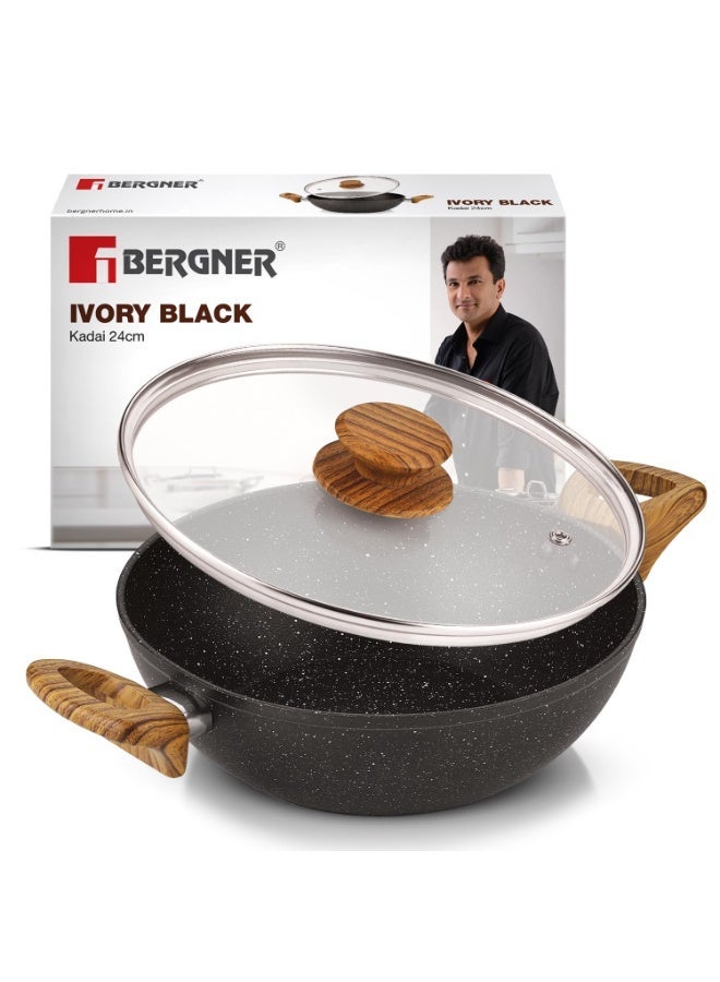 BERGNER مقلاة بيرجنر من الجرانيت الأسود العاجي غير لاصقة 24 سم (2.5 لتر) مع غطاء زجاجي، طلاء صحي غير لاصق من 3 طبقات، ألمنيوم مطروق، مقابض ناعمة، خالية من PFOA، جاهزة للموقد الكهربائي والغاز - أسود - Image 4