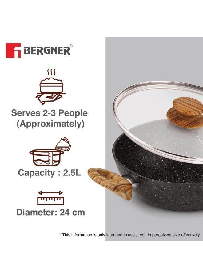 BERGNER مقلاة بيرجنر من الجرانيت الأسود العاجي غير لاصقة 24 سم (2.5 لتر) مع غطاء زجاجي، طلاء صحي غير لاصق من 3 طبقات، ألمنيوم مطروق، مقابض ناعمة، خالية من PFOA، جاهزة للموقد الكهربائي والغاز - أسود - Image 2