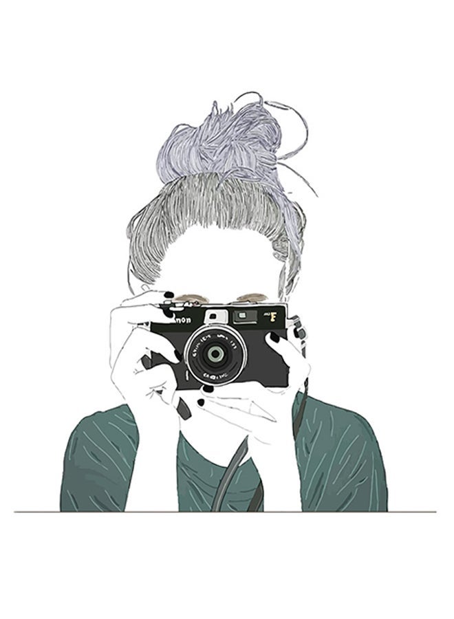RYN Girl With Camera Printed Wall Art White/Green/Black 30x30cm - Image 1