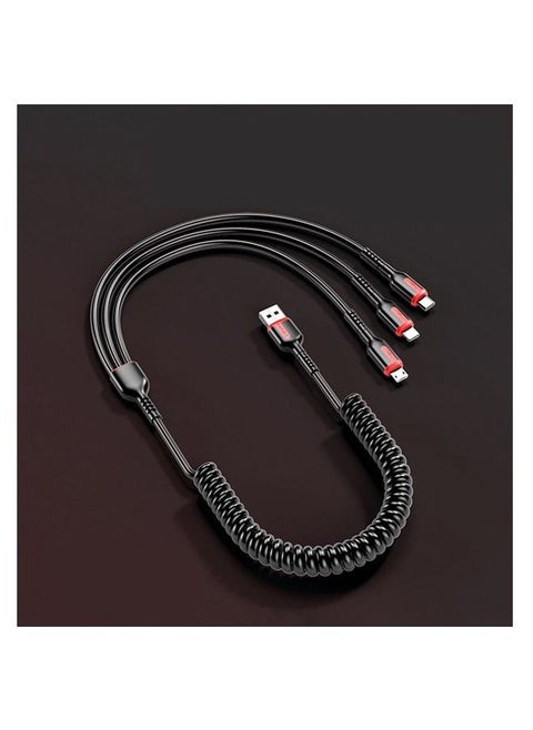 66W 3 in 1 Fast Charger Multi Function Charger Cable,  Spring Retractable Data Cable, USB Cable Cord Adapter with Lightning/Type C/USB Port (Black)