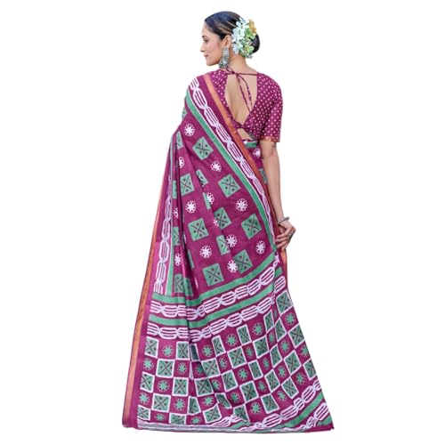 RADHA LAKSHMI Multicolour Mulmul Cotton Saree Jaipur Bagru Hand Block Print, Zari Border with Unstitched Blouse (Magenta) - Image 1