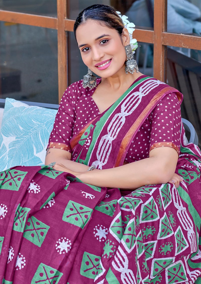 RADHA LAKSHMI Multicolour Mulmul Cotton Saree Jaipur Bagru Hand Block Print, Zari Border with Unstitched Blouse (Magenta) - Image 4