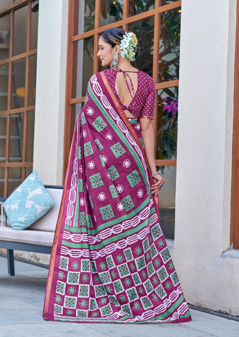 RADHA LAKSHMI Multicolour Mulmul Cotton Saree Jaipur Bagru Hand Block Print, Zari Border with Unstitched Blouse (Magenta) - Image 3