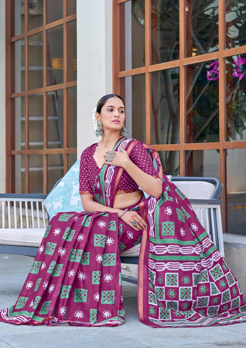 RADHA LAKSHMI Multicolour Mulmul Cotton Saree Jaipur Bagru Hand Block Print, Zari Border with Unstitched Blouse (Magenta) - Image 2