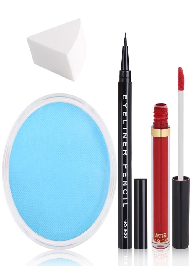 paminify طقم مكياج باميني في 4 قطع سالي، طقم مكياج هالوين سيدة الجثث، زي سالي للنساء، طلاء وجه وجسم أزرق فاتح مائي + كحل + أحمر شفاه + إسفنجة - Image 1