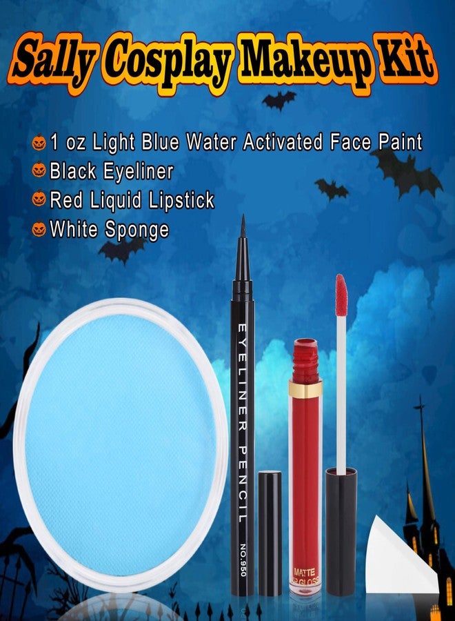 paminify طقم مكياج باميني في 4 قطع سالي، طقم مكياج هالوين سيدة الجثث، زي سالي للنساء، طلاء وجه وجسم أزرق فاتح مائي + كحل + أحمر شفاه + إسفنجة - Image 2