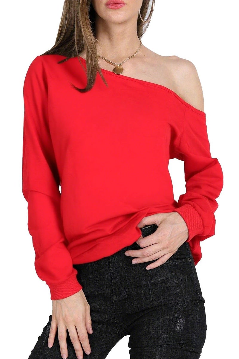 MAGICMK Womanâ€™s Sweatershirt Lips Print Causal Blouse Off The Shoulder Long Sleeve Loose Slouchy Pullover Plus Size Tops - Image 2