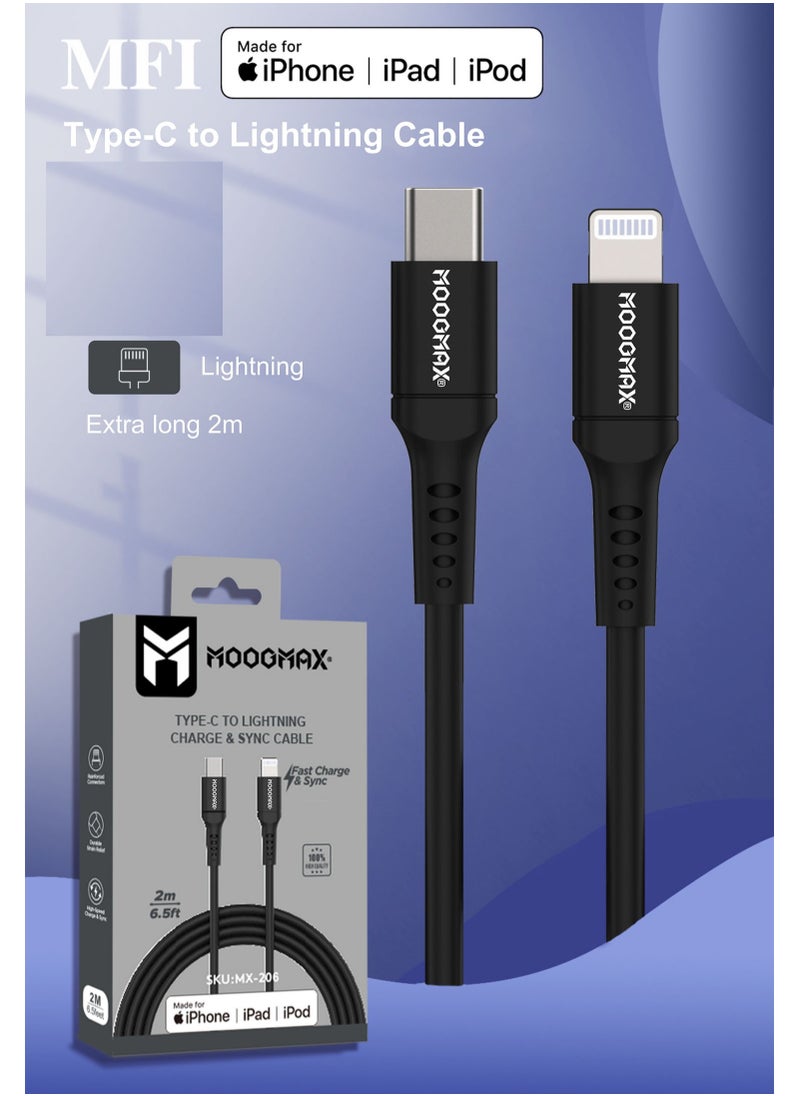 MOOGMAX - IPhone (lightning) to Type-C Cable Certified by Apple (MFI), 2Meters, supports fast charging (PD) and holding high temperatures. Black from Moogmax - Image 1
