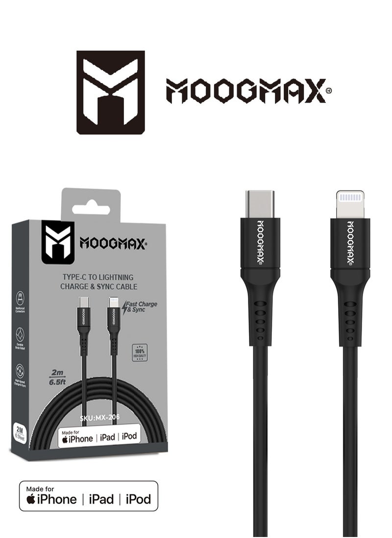 MOOGMAX - IPhone (lightning) to Type-C Cable Certified by Apple (MFI), 2Meters, supports fast charging (PD) and holding high temperatures. Black from Moogmax - Image 1