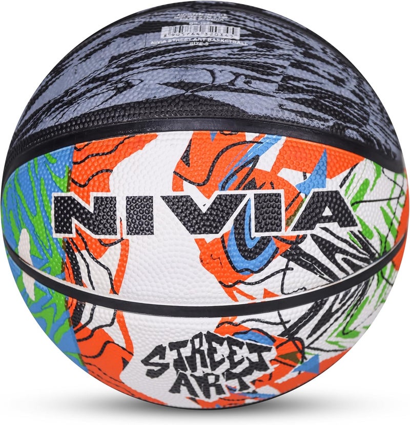 Nivia Street Art Basketball, As per Basic Standard, 8 Panels, Molded Durable Rubber Cover, Butyl Threadwounded Bladder, Made for Beginners, to Play on All Indoor & Outdoor Surfaces (Multicolor, Size - 5) - Image 1