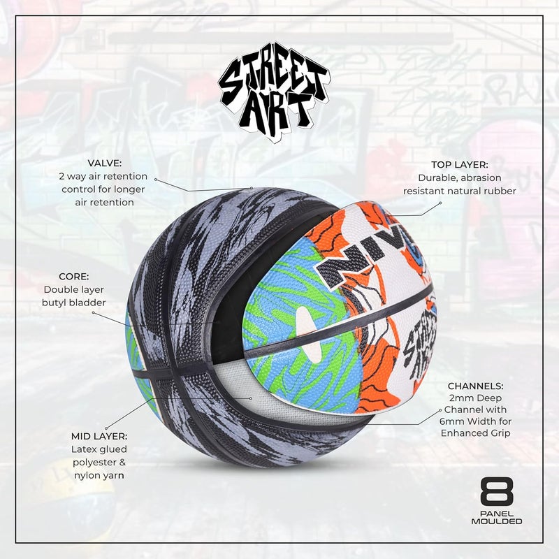 Nivia Street Art Basketball, As per Basic Standard, 8 Panels, Molded Durable Rubber Cover, Butyl Threadwounded Bladder, Made for Beginners, to Play on All Indoor & Outdoor Surfaces (Multicolor, Size - 5) - Image 2