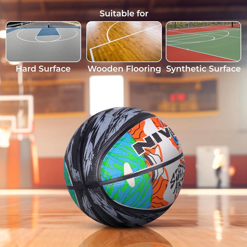Nivia Street Art Basketball, As per Basic Standard, 8 Panels, Molded Durable Rubber Cover, Butyl Threadwounded Bladder, Made for Beginners, to Play on All Indoor & Outdoor Surfaces (Multicolor, Size - 5) - Image 4