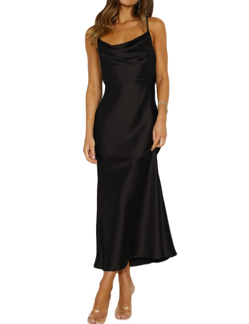 Mogidol Summer Satin Spaghetti Strap Cowl Neck Backless Midi Dresses for Women Elegant Tie Low Back Ruched Cocktail Dress Black - Image 1