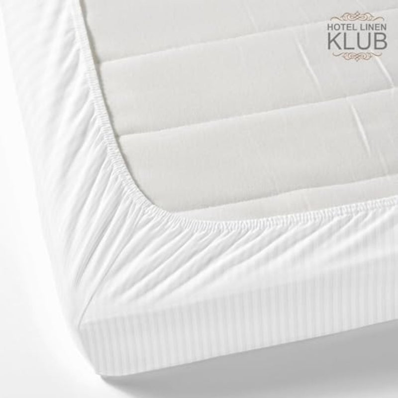 Hotel Linen Queen Fitted Sheet 1Pc, 100% Cotton 250Tc Sateen 1Cm Stripe, Size: 180X200+30Cm, White Pack of 3 - Image 5