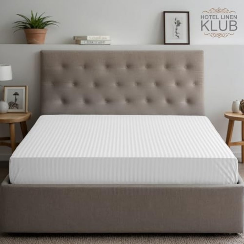 Hotel Linen Queen Fitted Sheet 1Pc, 100% Cotton 250Tc Sateen 1Cm Stripe, Size: 180X200+30Cm, White Pack of 3 - Image 3