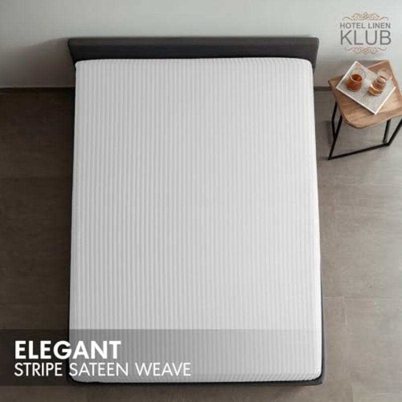 Hotel Linen Queen Fitted Sheet 1Pc, 100% Cotton 250Tc Sateen 1Cm Stripe, Size: 180X200+30Cm, White Pack of 3 - Image 2
