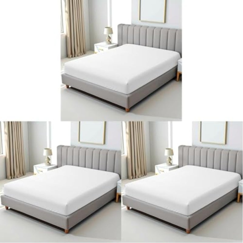 Hotel Linen Queen Fitted Sheet 1Pc, 100% Cotton 250Tc Sateen 1Cm Stripe, Size: 180X200+30Cm, White Pack of 3 - Image 1