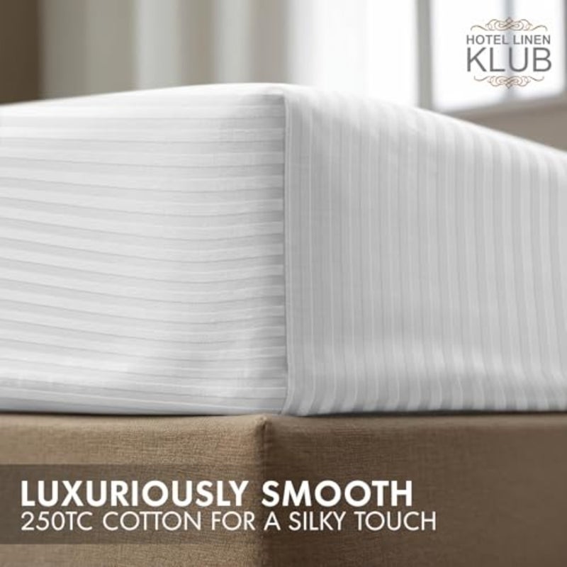 Hotel Linen Queen Fitted Sheet 1Pc, 100% Cotton 250Tc Sateen 1Cm Stripe, Size: 180X200+30Cm, White Pack of 3 - Image 4