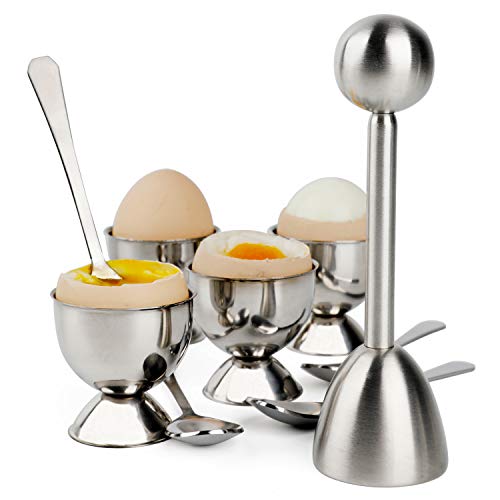 YellRin Egg Cracker Topper Set Soft Hard Boiled Eggs Separator Holder Include 4 Egg Spoons and 4 Egg Cups 1 Shells Remover Top Cutter Stainless Steel for Breakfast Kitchen Tool 