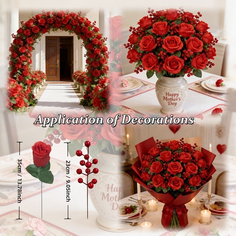 23 Pieces Bright Red Rose and Berry Bouquet Artificial Flowers Exquisite Durable DIY Decoration Ideal Gift for Valentine Mother Day Wedding Anniversary - Image 3