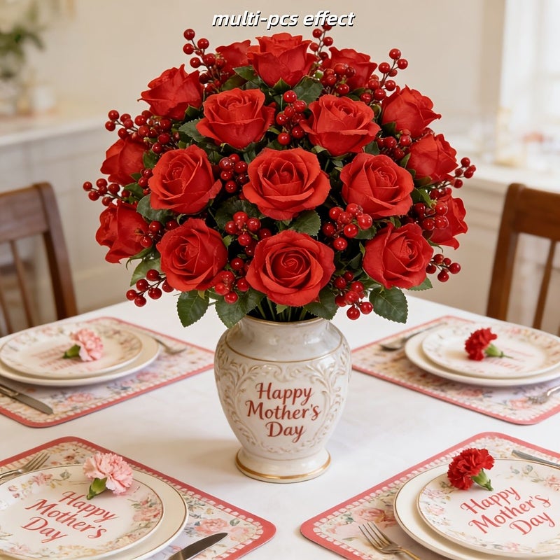 23 Pieces Bright Red Rose and Berry Bouquet Artificial Flowers Exquisite Durable DIY Decoration Ideal Gift for Valentine Mother Day Wedding Anniversary - Image 4