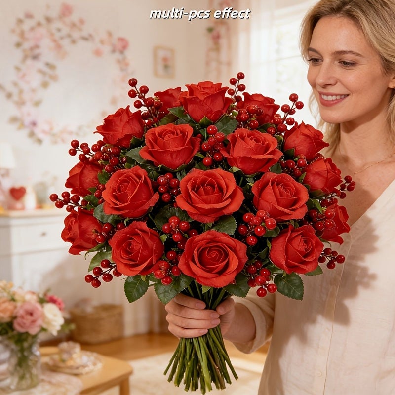 23 Pieces Bright Red Rose and Berry Bouquet Artificial Flowers Exquisite Durable DIY Decoration Ideal Gift for Valentine Mother Day Wedding Anniversary - Image 1
