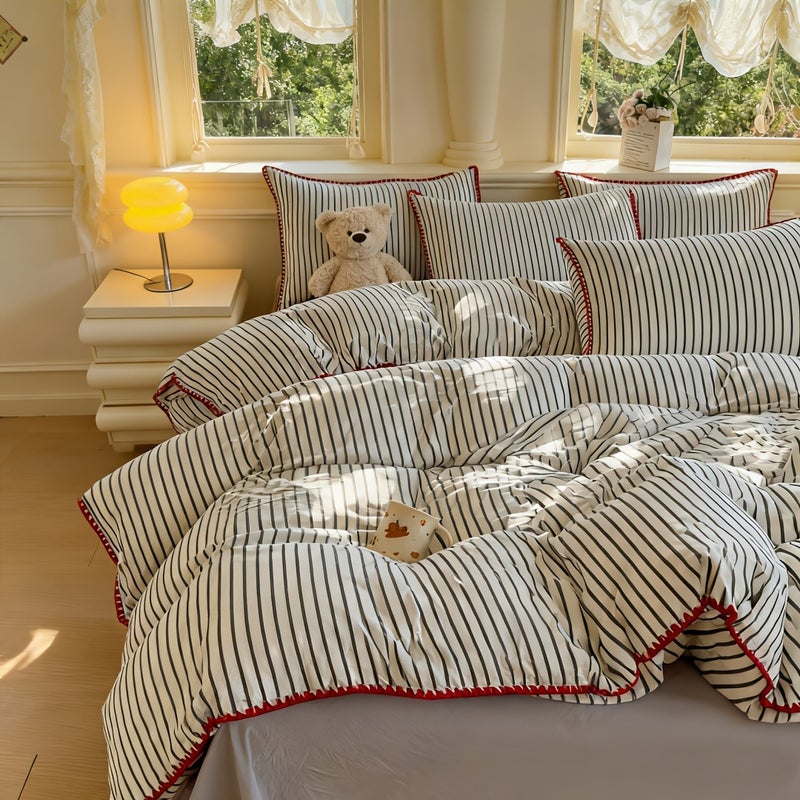 4pcs Set of Thickened Colorful Striped Duvet Cover Set for All Seasons (1 Duvet Cover + 2 Pillowcases + 1 Bed Sheet, No Pillows, No Comforter), Bedding, Soft And Delicate, Breathable And Sweat-Wicking, Easy And Elegant, Machine Washable - Image 5