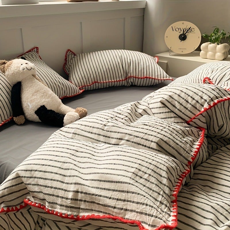 4pcs Set of Thickened Colorful Striped Duvet Cover Set for All Seasons (1 Duvet Cover + 2 Pillowcases + 1 Bed Sheet, No Pillows, No Comforter), Bedding, Soft And Delicate, Breathable And Sweat-Wicking, Easy And Elegant, Machine Washable - Image 1