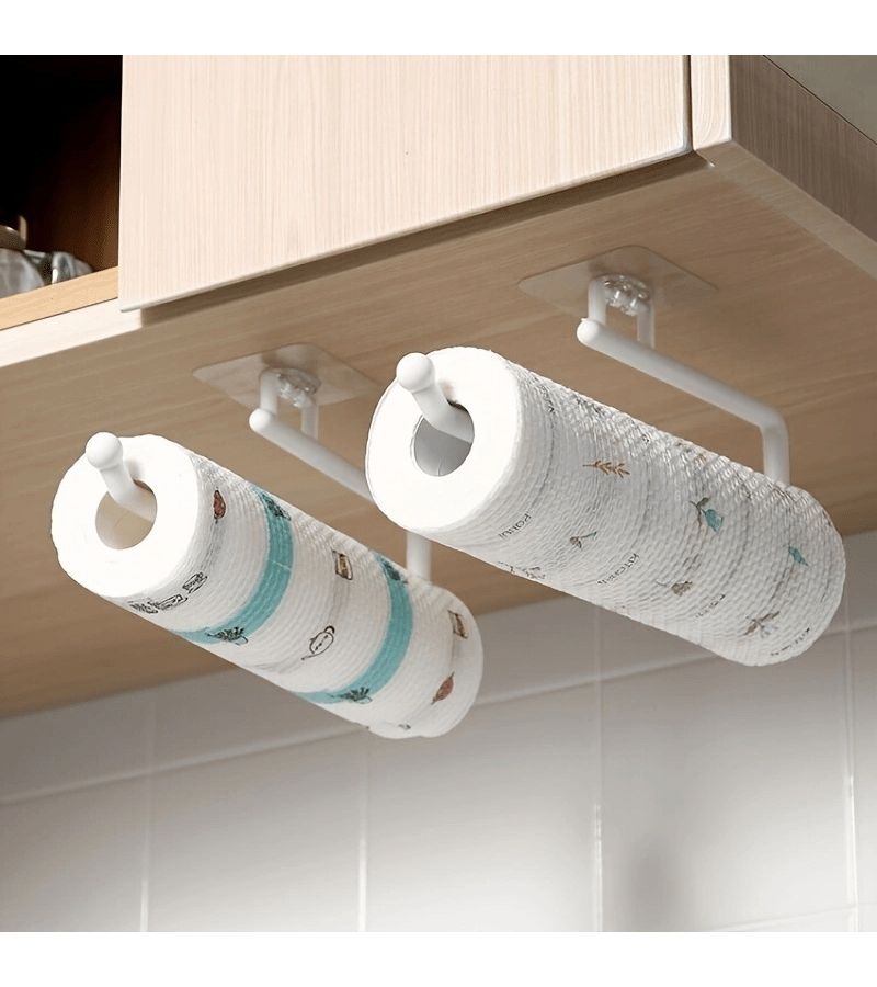 White 2 Piece No Drill Adhesive Paper Towel Holder With Adjustable Arm - Image 1