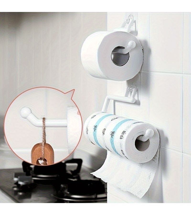 White 2 Piece No Drill Adhesive Paper Towel Holder With Adjustable Arm - Image 5