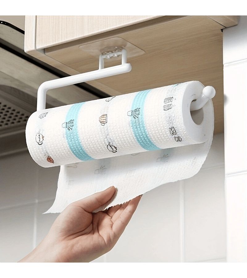 White 2 Piece No Drill Adhesive Paper Towel Holder With Adjustable Arm - Image 2