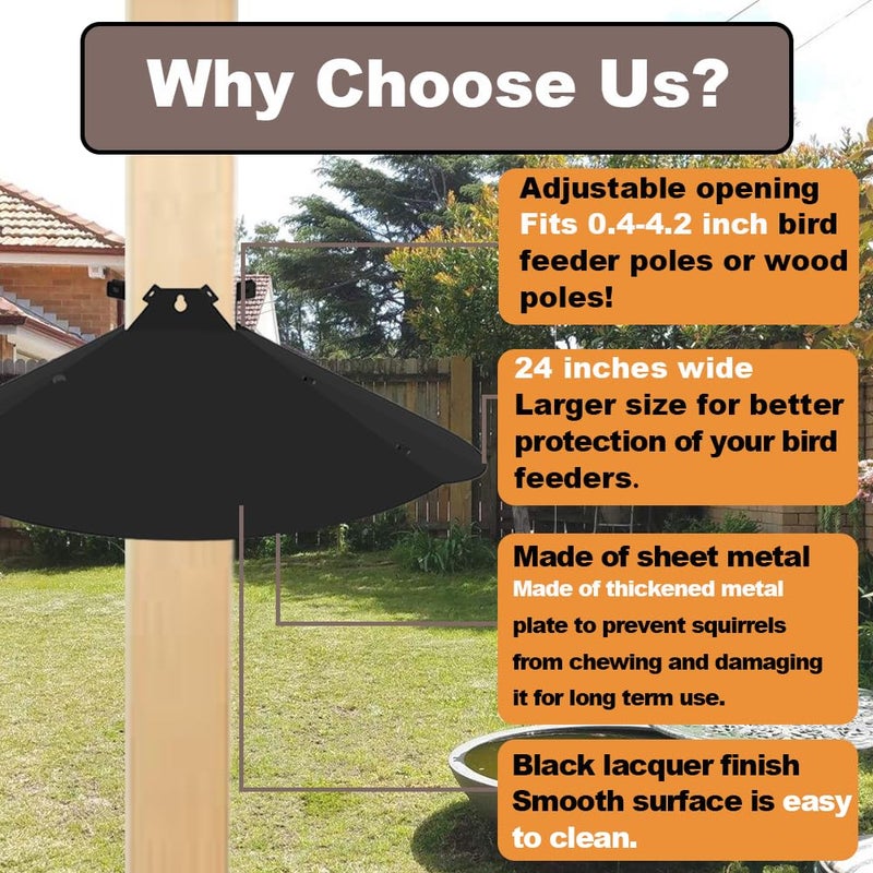 Pirateant 24 Inch Metal Squirrel Baffle,Adjustable Opening Size, for Up to 4x4 Wide Wooden Post,Squirrel Baffle for Bird Feeders Without Removing Bird Feeder Poles Or Shepherd's Hooks.Deep Black 1Pack - Image 2