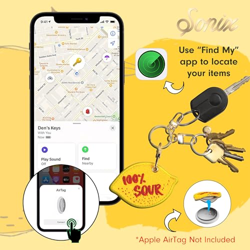 Sonix Keychain Case Compatible with Apple AirTag | Protective AirTag Cover Keychain Charm | 100% Sour, Embroidered Lemon Charm | Lemon - Image 3