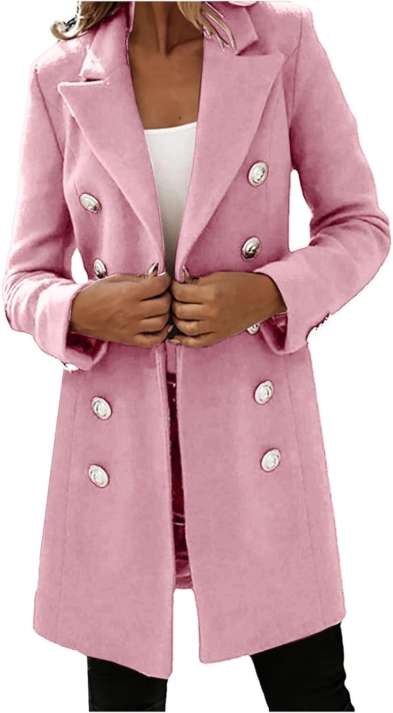woobles Women's Faux Wool Notch Lapel Double Breasted Trench Belted Mid Long Outwear Winter Coat Slim Long Pea Coat Overcoat X-Large Pink - Image 3