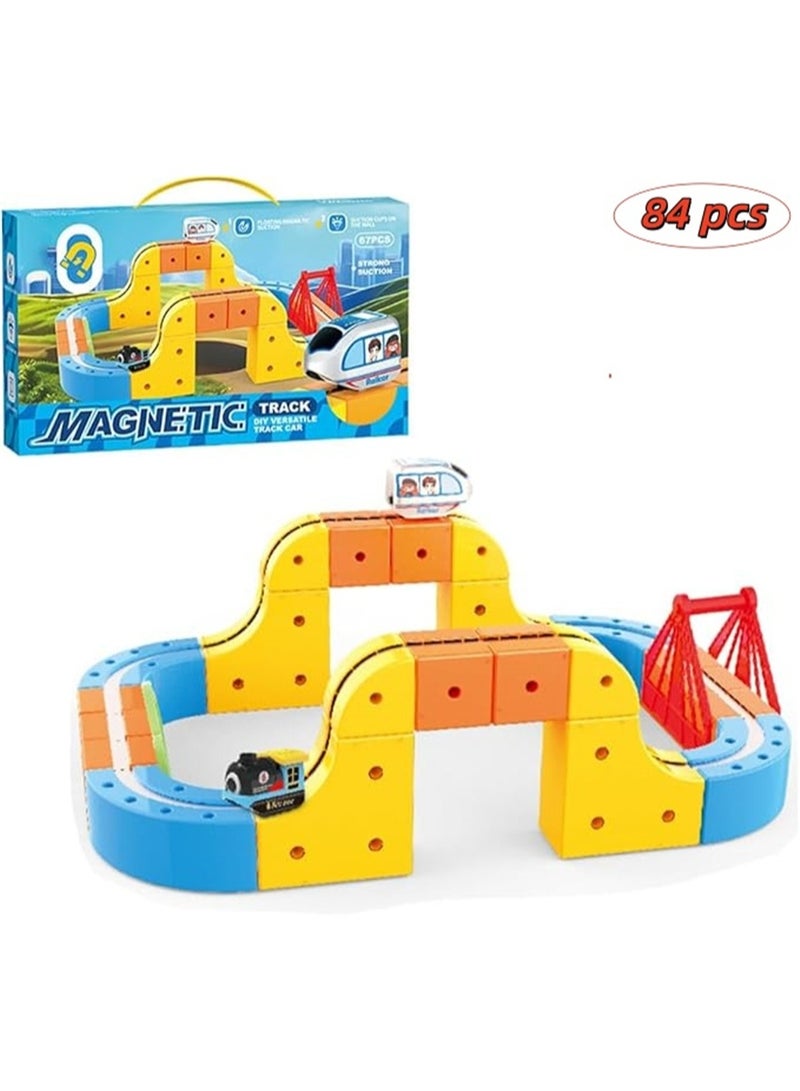 84Pcs Magnetic Train Set, 3D Ocean Theme Flexible Magnetic Race Track Building Toys for Toddlers with Electric Train, DIY Flexible Track Fusion Train Routes with Mix-and-Match Stem Cubes, Best Birthday Party Gift (84Pcs) - Image 1