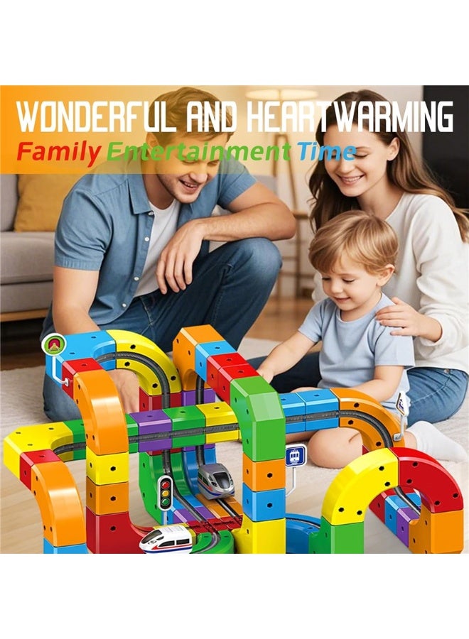 84Pcs Magnetic Train Set, 3D Ocean Theme Flexible Magnetic Race Track Building Toys for Toddlers with Electric Train, DIY Flexible Track Fusion Train Routes with Mix-and-Match Stem Cubes, Best Birthday Party Gift (84Pcs) - Image 3